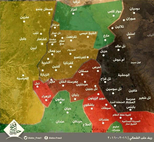 Mapa sjevera provincije Halep (žuto-Kurdi, tamno-žuto kurdska osvajanja zadnjih dana, crno-IDIŠ, crveno-režim, zeleno - džihadsko-oslobodilačke snage)