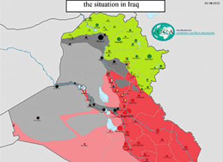 IRAK: Usporedne mape kontrole u augustu 2014. i 2015. godine Irak 1. august 2015-360px