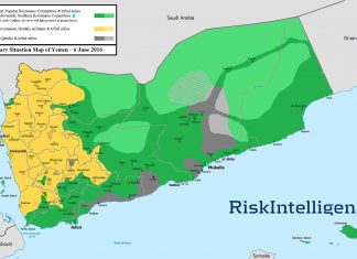 Mapa kontrole teritorija u Jemenu za 6. jun 2016. godine