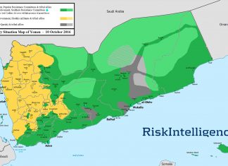 Mapa kontrole teritorija u Jemenu za 10. oktobar 2016. godine Mapa kontrole teritorija u Jemenu za 10. oktobar 2016. godine