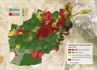 MAPA: Kontrola teritorija u Afganistanu (novembar 2019) MAPA: Talibani (IEA): zeleno, Afganistanska vlada: crveno, Talibani i ostale grupe pomješano: žuto, IDIŠ: ljubičasto