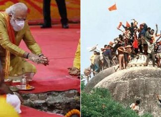 Indijski pisac: Ide li Indija u pravcu genocida nad muslimanima? Na slici lijevo: Hindu terorista, vođa hindu mušrika i premijer Indije Narendra Modi na ceremoniji polaganja "kamen-temljeca" za izgradnju hinduističkog hrama na temeljima Babri mesdžida; Na slici desno: Hindu mušrici na kubetu Babri džamije 1992. godine