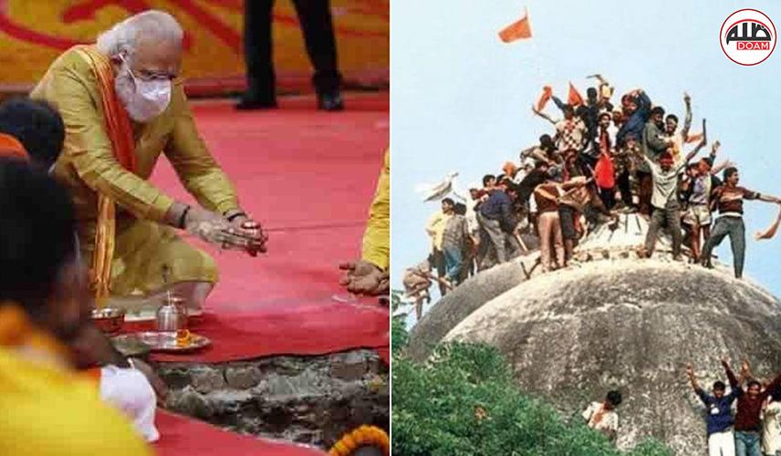 Na slici lijevo: Hindu terorista, vođa hindu mušrika i premijer Indije Narendra Modi na ceremoniji polaganja 