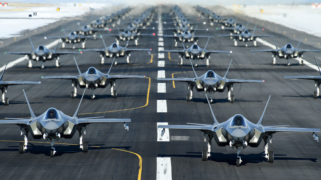 U.S. Air Force F-35A aircraft form up in an 
