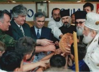 Srpska crkva i zločinci: Kult sile i moći Ratni zločinci Radovan Karadžić, Momčilo Krajišnik i Ratko Mladić sa patrijrahom Pavlom koji im je bio vjerski ideolog i vođa